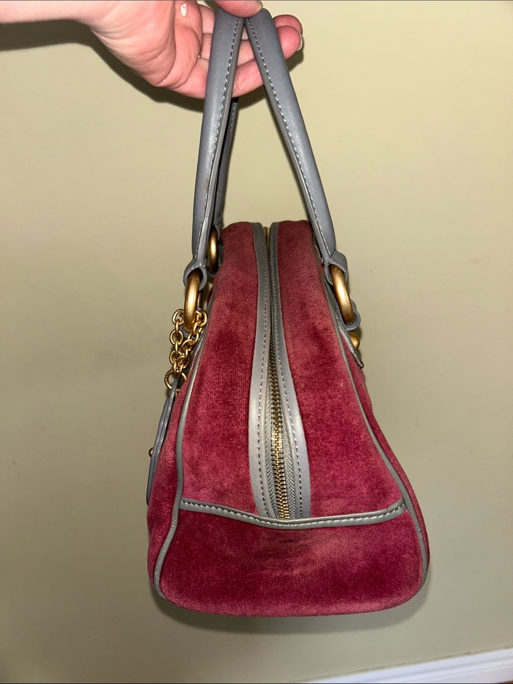 Juicy Couture Burgundy Velvet Satchel with Gray Leather Trim - Picture 4 of 10